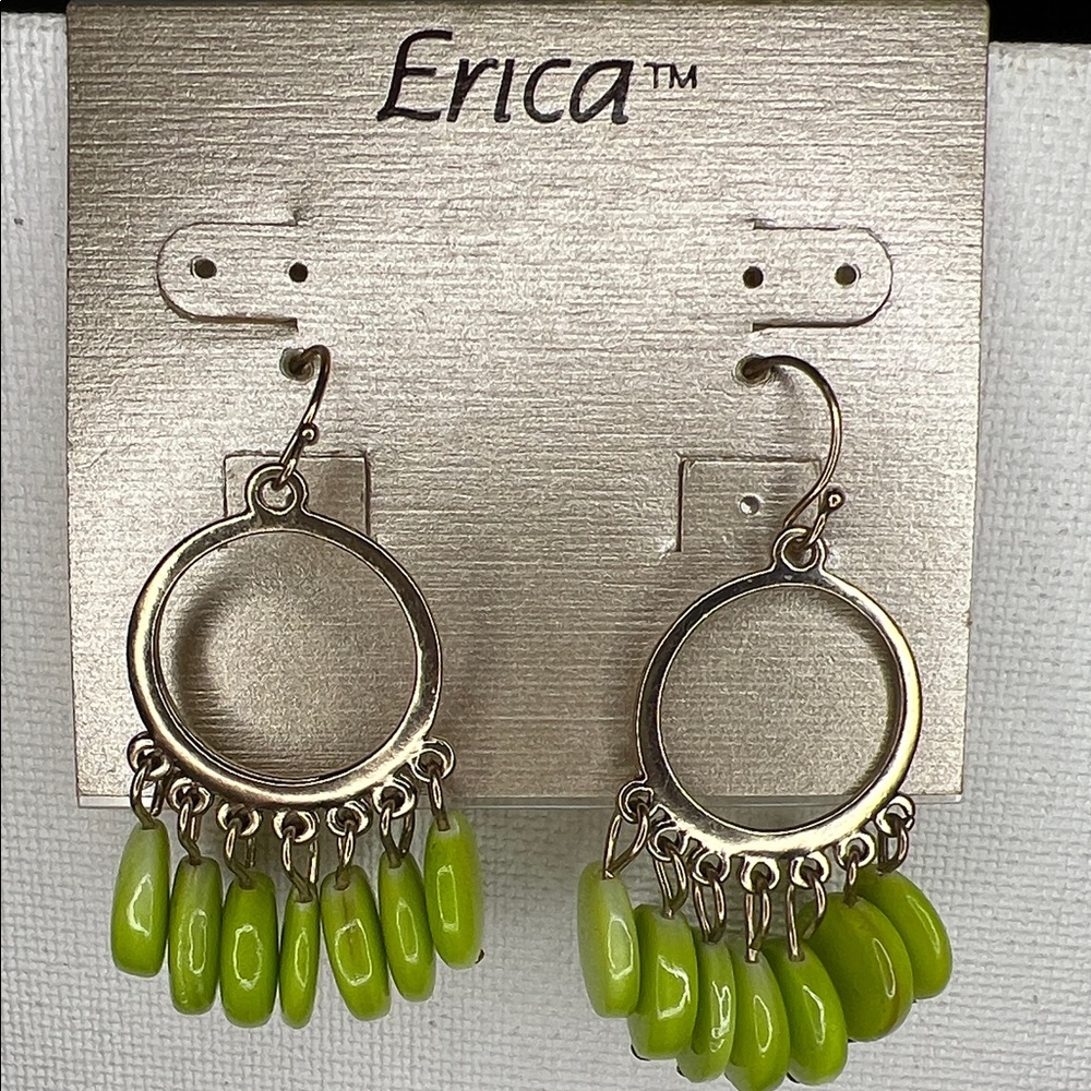 Erica Lime Green and Gold Tone Dangle Hoop Earrings